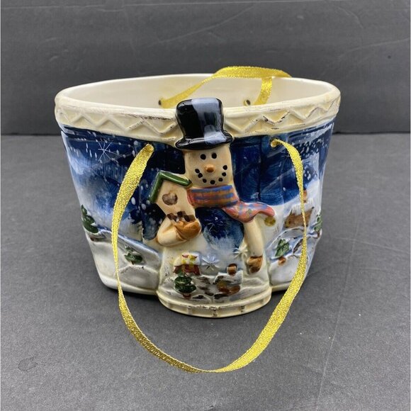 VTG Christmas Snowman Basket Planter Candy Bowl Ceramic Jay Import Ribbon Handle - Picture 1 of 11